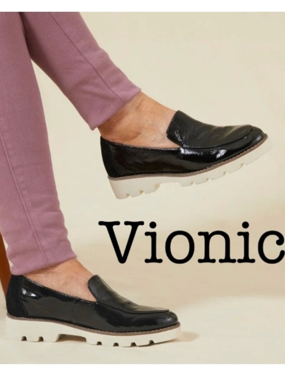 Vionic Kensley Black Patent Leather Slip-On Loafer Womens Size 6 Chunky Lugs